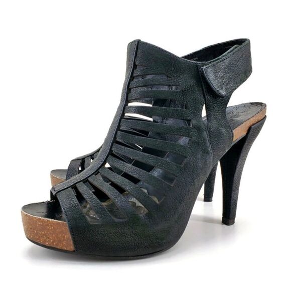 Vince Camuto Black Nubuck Leather Caged Open-Toe Sling-Back High Heel Sandals - Picture 1 of 15